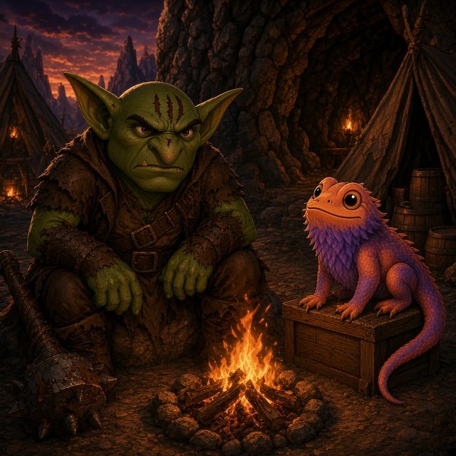 Snik the goblin by a campfire with Fig the Sunbeard