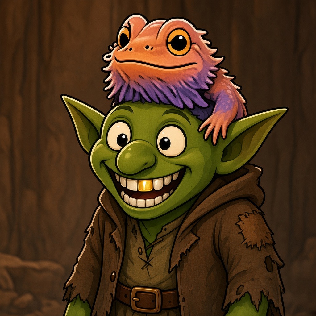Snik the goblin with Fig, his pet pastel bearded dragon, on his head